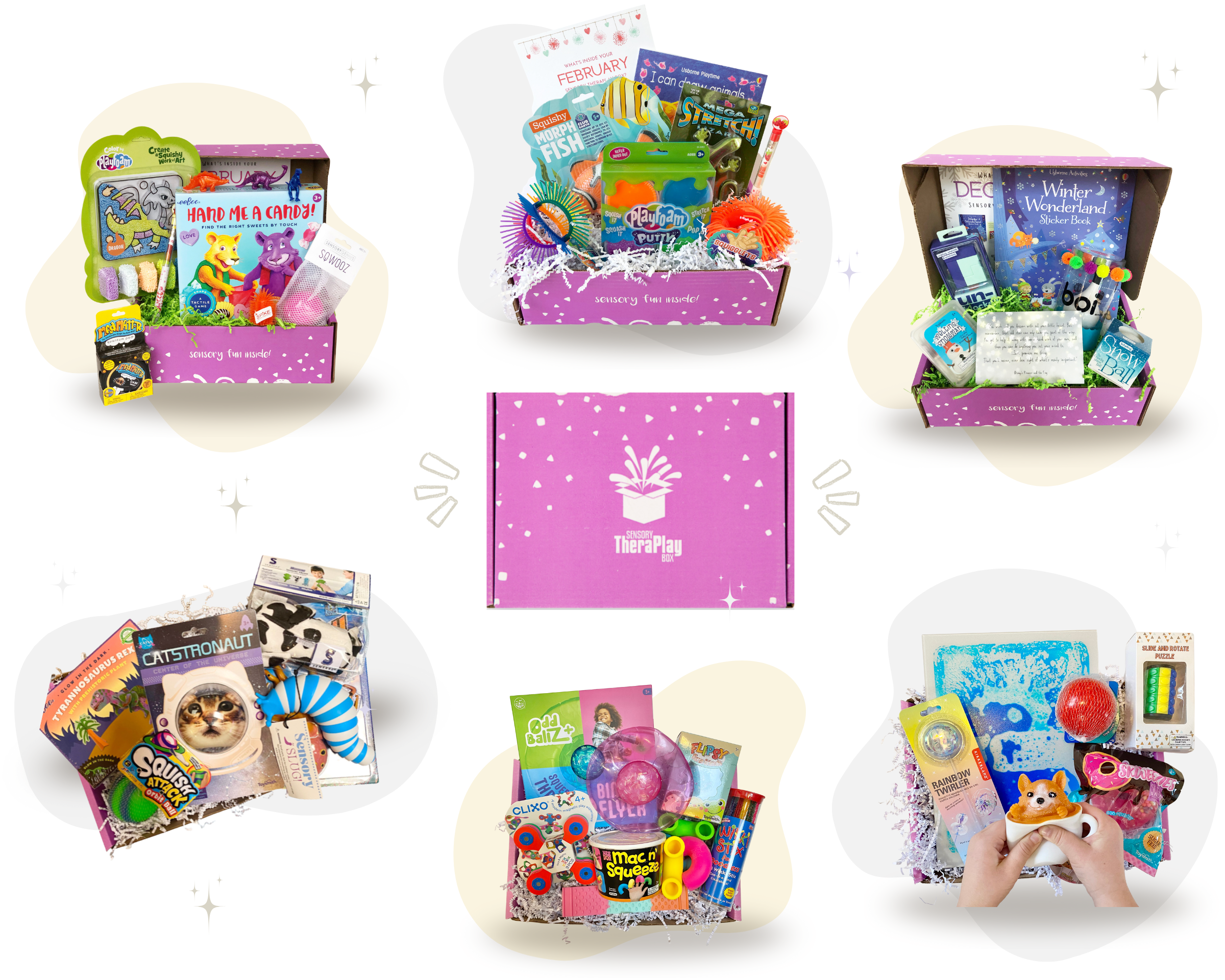 sensory boxes featuring fidget toys, calming tools, and imaginative play items for children with sensory needs.