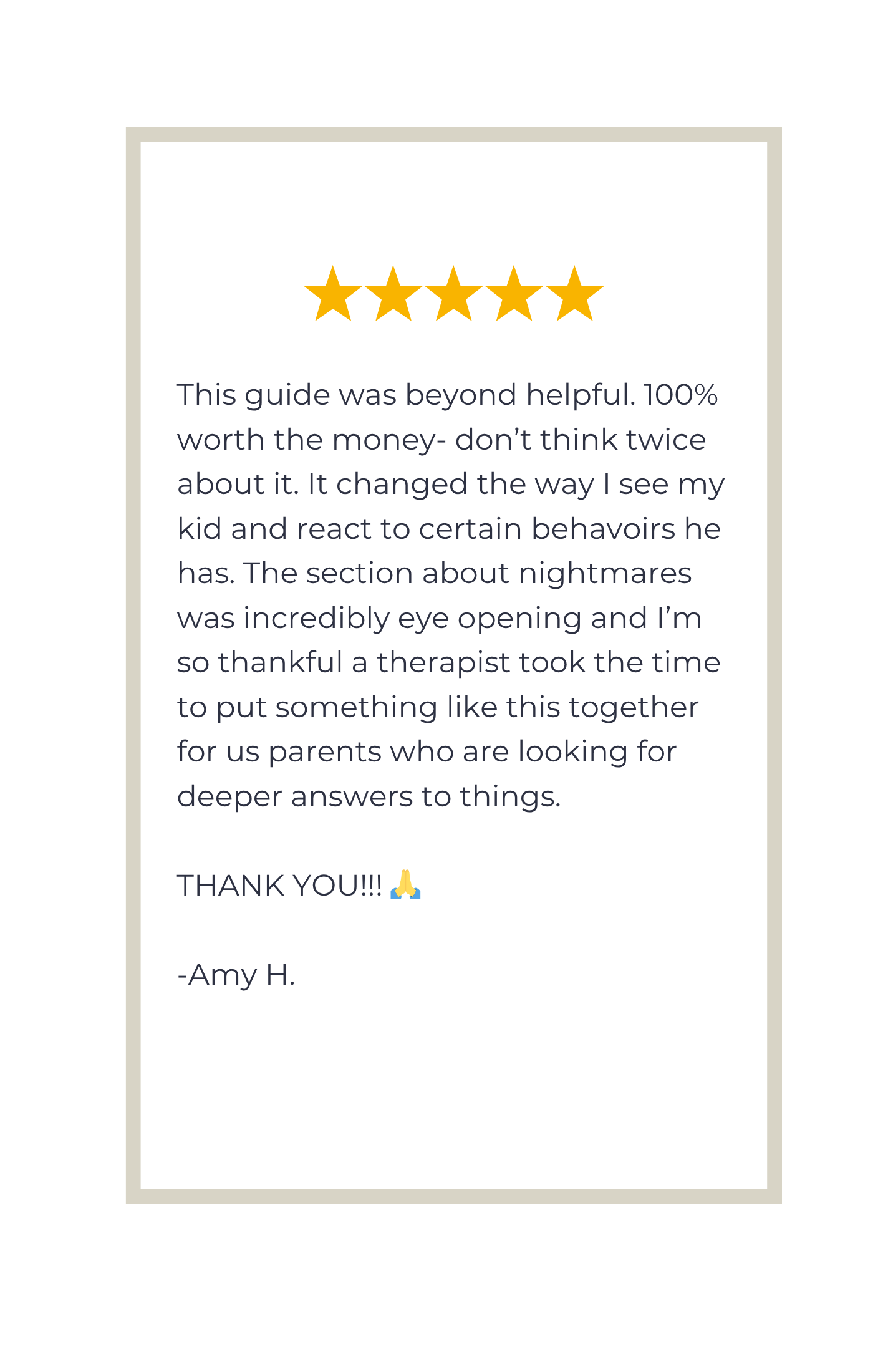 Five-star rating feedback with a positive review on a white background